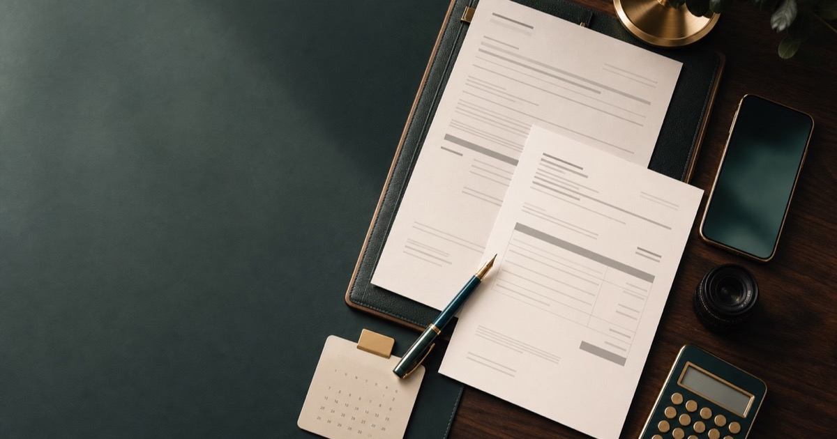 Contract and invoice paperwork with a pen, phone, calendar, and calculator